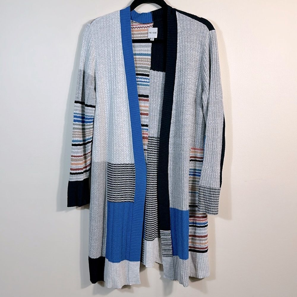 Nic & Zoe Long Line Open Front Patchwork Quilt Longsleeve Cardigan Women Medium